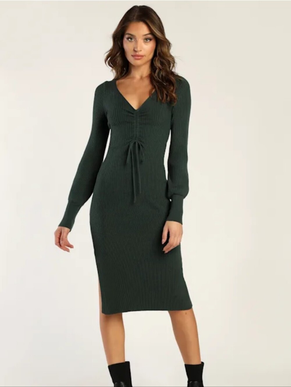 Ribbed Knit V-Neck Midi Dress in Dark Green